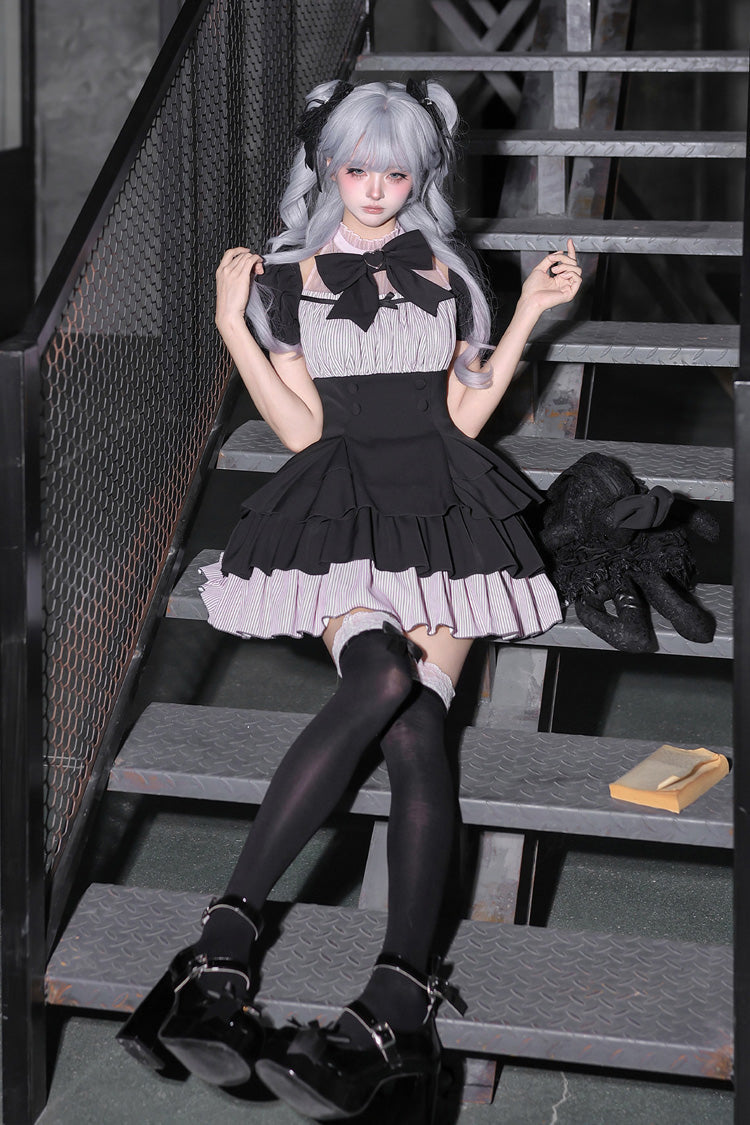 Black Square Collar Off Shoulder Short Sleeves Triple-Layered Bow Vintage Cool Lolita Dress - Product - 10