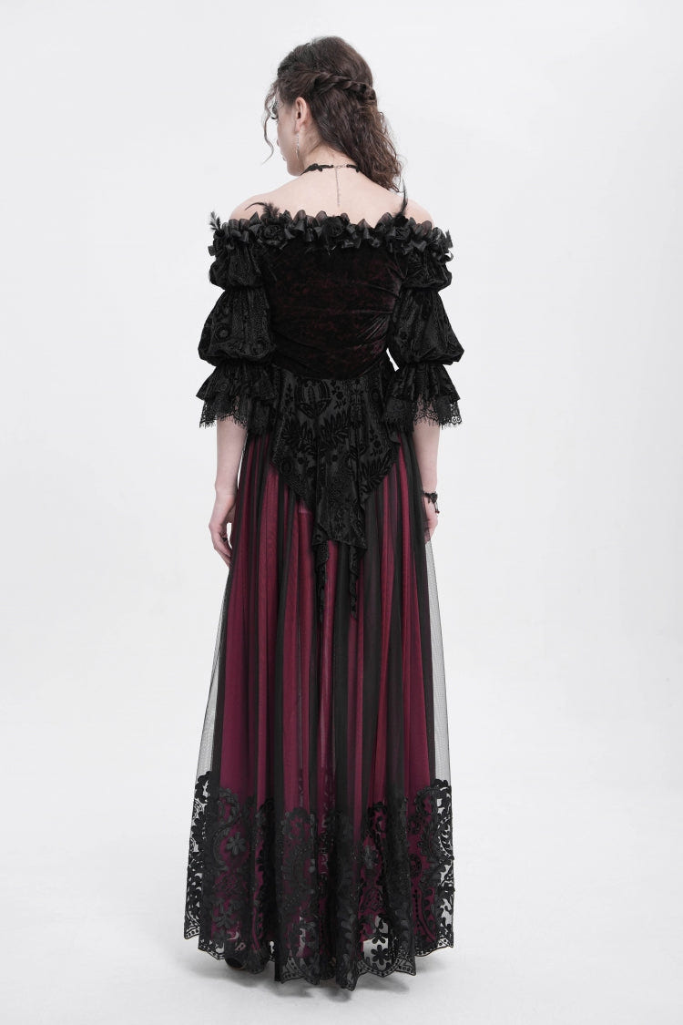 Red Off Shoulder Long Sleeves Ruffle Embroidery Lace-Up Women's Gothic Blouse - Product - 9