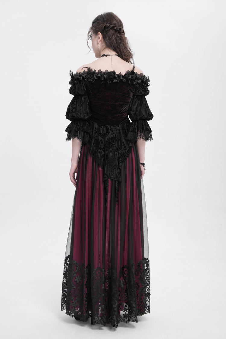 Red Off Shoulder Long Sleeves Ruffle Embroidery Lace-Up Women's Gothic Blouse - Product - 9