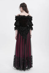 Red Off Shoulder Long Sleeves Ruffle Embroidery Lace-Up Women's Gothic Blouse - Product - 9