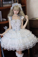 Blue [Rose Feather Waltz] Sleeveless Triple-Layered Ruffle Bowknot Lace Sweet Ballet Lolita Jsk Dress - Product - 5