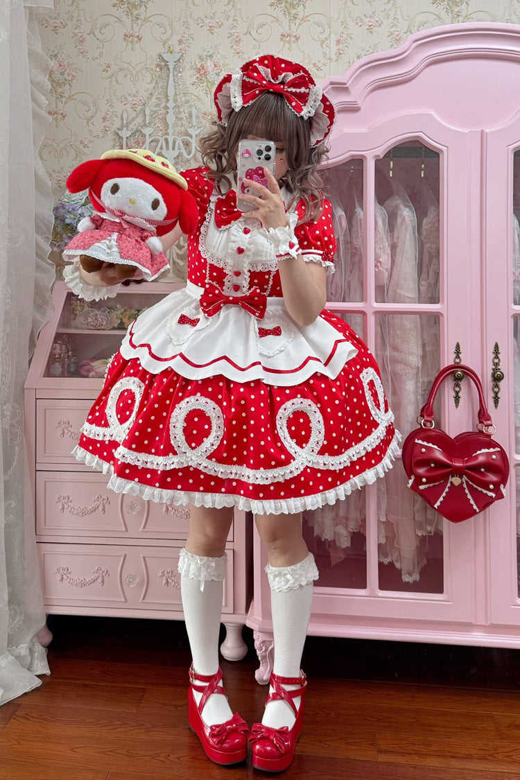 [A Day as a Candy Shop Owner] Peter Pan Collar Short Sleeves Printed Bow Sweet Lolita Dress 3 Colors (Red, Blue, Pink) - Product - 34