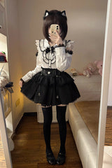 Black/White Doll Collar Long Sleeves Ruffled Bow Sweet Jirai Kei Skirt Set - Product - 8