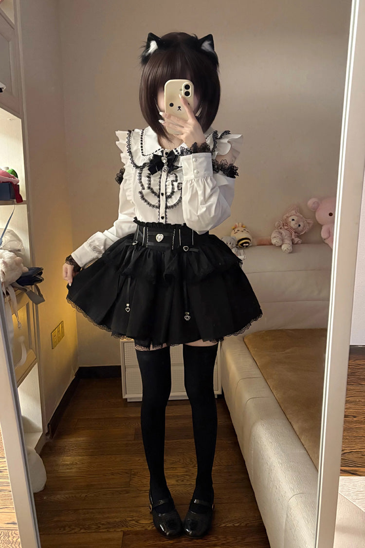 Black/White Doll Collar Long Sleeves Ruffled Bow Sweet Jirai Kei Skirt Set - Product - 8