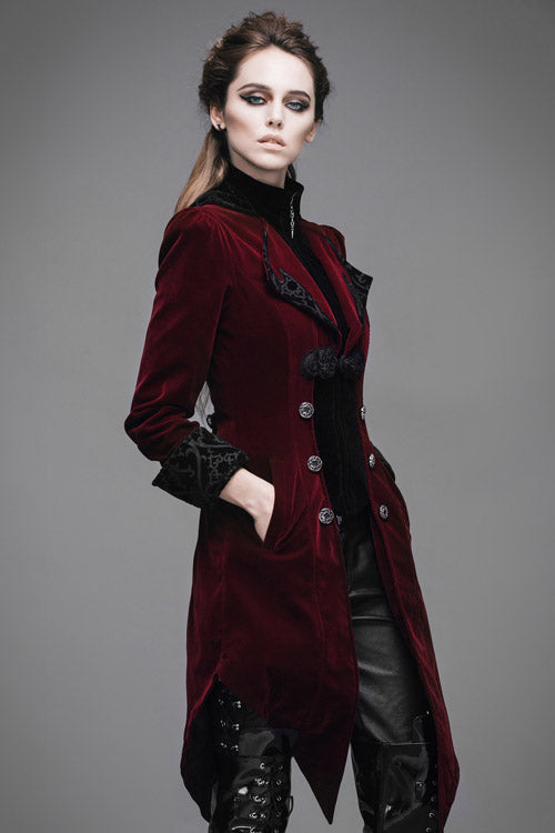 Red Embroidered High Collar Party Womens Gothic Coat - Product - 3