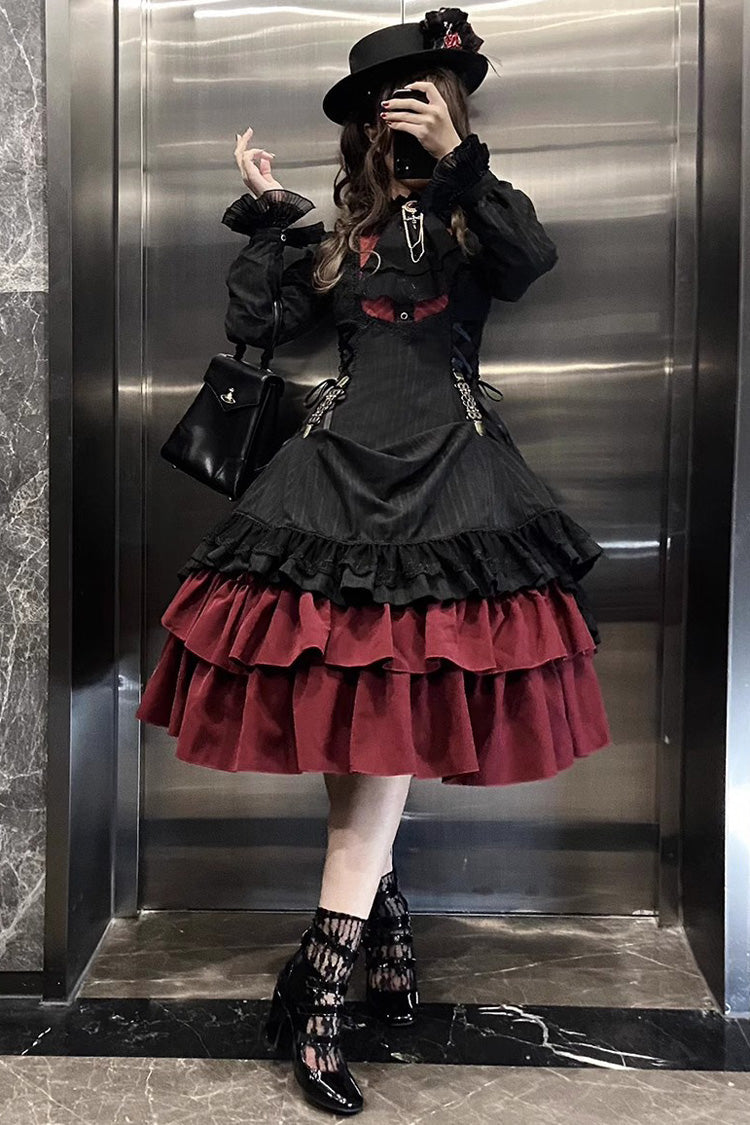 Point Manor Solid Color Stand Collar Long Sleeves Multi-layer Ruffle Gothic Lolita Dress 5 Colors - Black/Red - 18