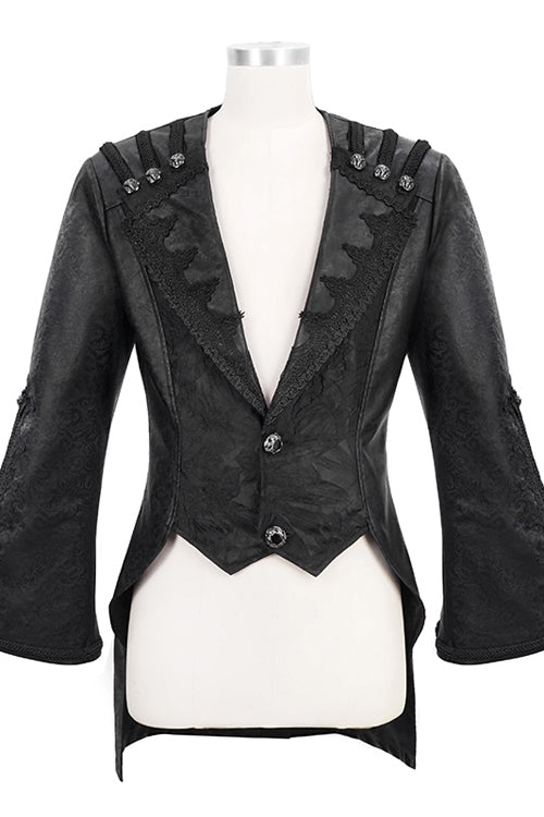Black V Collar Wide Sleeves Swallowtail Fitted Leather Mens Gothic Coat - Product - 4