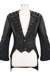 Black V Collar Wide Sleeves Swallowtail Fitted Leather Mens Gothic Coat - Product - 4
