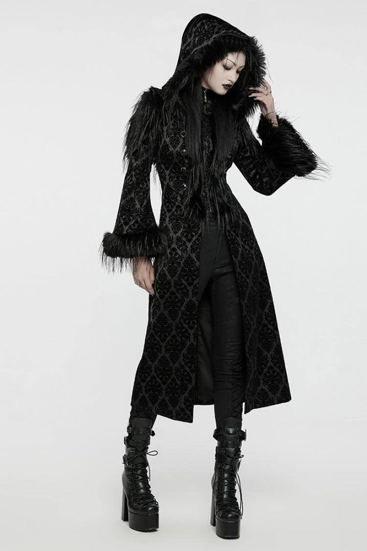 Black Stand Collar Long Sleeves Jacquard Print Stitching Hooded Women's Gothic Coat - Product - 4