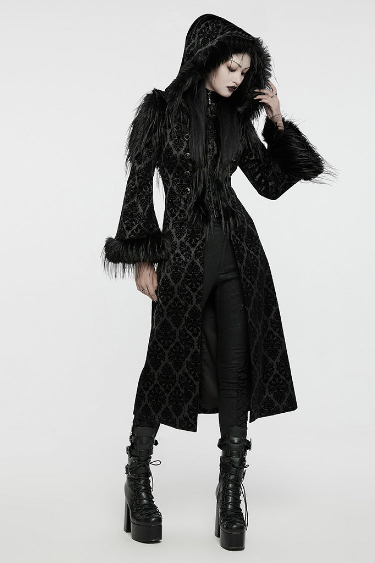 Black Stand Collar Long Sleeves Jacquard Print Stitching Hooded Women's Gothic Coat - Product - 4