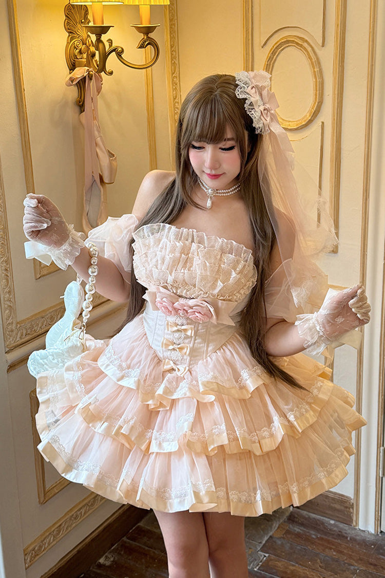 Pink [Mousse Love Song] Off Shoulder Sleeveless Triple-Layered Ruffled Hanayome Bow Sweet Elegant Ballet Lolita Short Dress Set - Product - 5