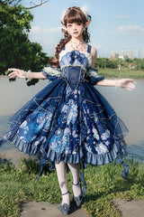 Blue [Deep Sea Jellyfish] Print Ruffle Lace Sweet Elegant Lolita Jsk Dress - Product - 13