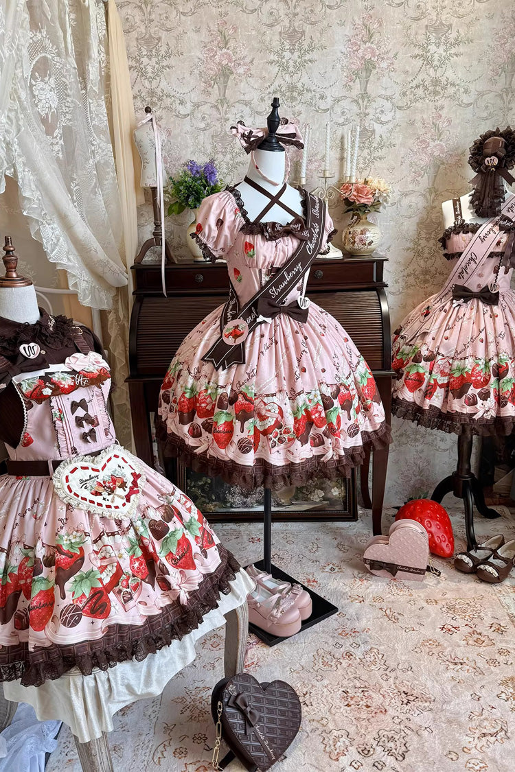 ピンク [Strawberry Chocolate Lover] スクエアカラー 半袖 プリント フリル リボン レース スウィートロリータワンピース 商品画像