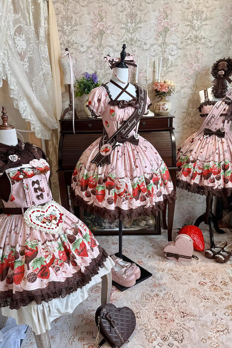 Pink [Strawberry Chocolate Lover] Square Collar Short Sleeves Printed Ruffled Bow Lace Sweet Lolita Dress - Product - 12