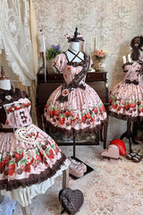 Pink [Strawberry Chocolate Lover] Square Collar Short Sleeves Printed Ruffled Bow Lace Sweet Lolita Dress - Product - 12