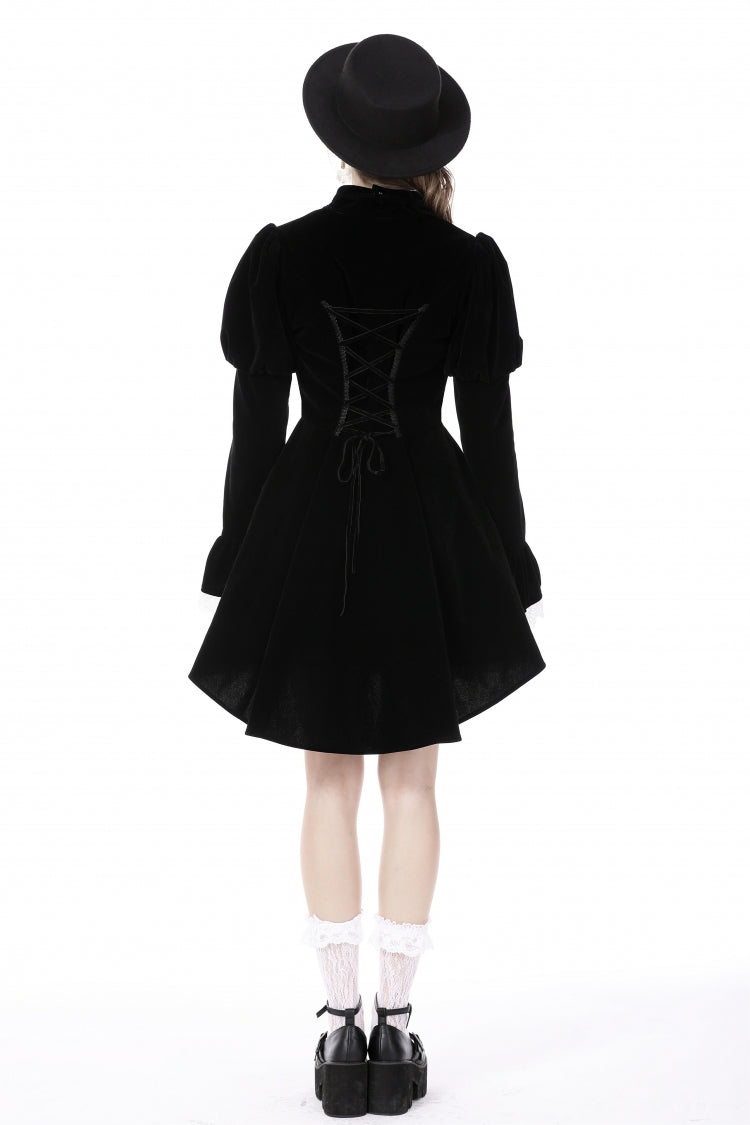 Black/White Frilly Collar Skull Bow Tie Long Puff Sleeves Lace Lace-Up Women's Gothic Vintage Velvet Jacket - Product - 4