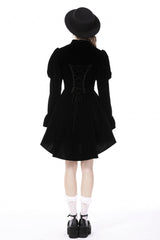 Black/White Frilly Collar Skull Bow Tie Long Puff Sleeves Lace Lace-Up Women's Gothic Vintage Velvet Jacket - Product - 4
