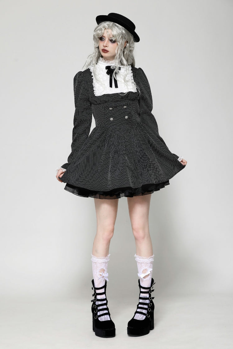Black/White Striped Ruffled Lace Stand Collar Bow Long Sleeves Lace-Up Women's Gothic Lolita Graduation Dress - Product - 9
