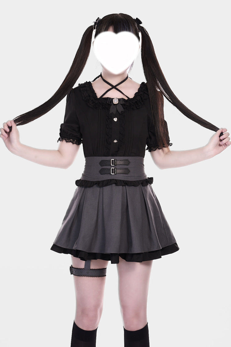 Grey/Black Leather Buckle Leg Ring Double-Layered Ruffle Sweet Jirai Kei Japanese Skirt - Product - 3