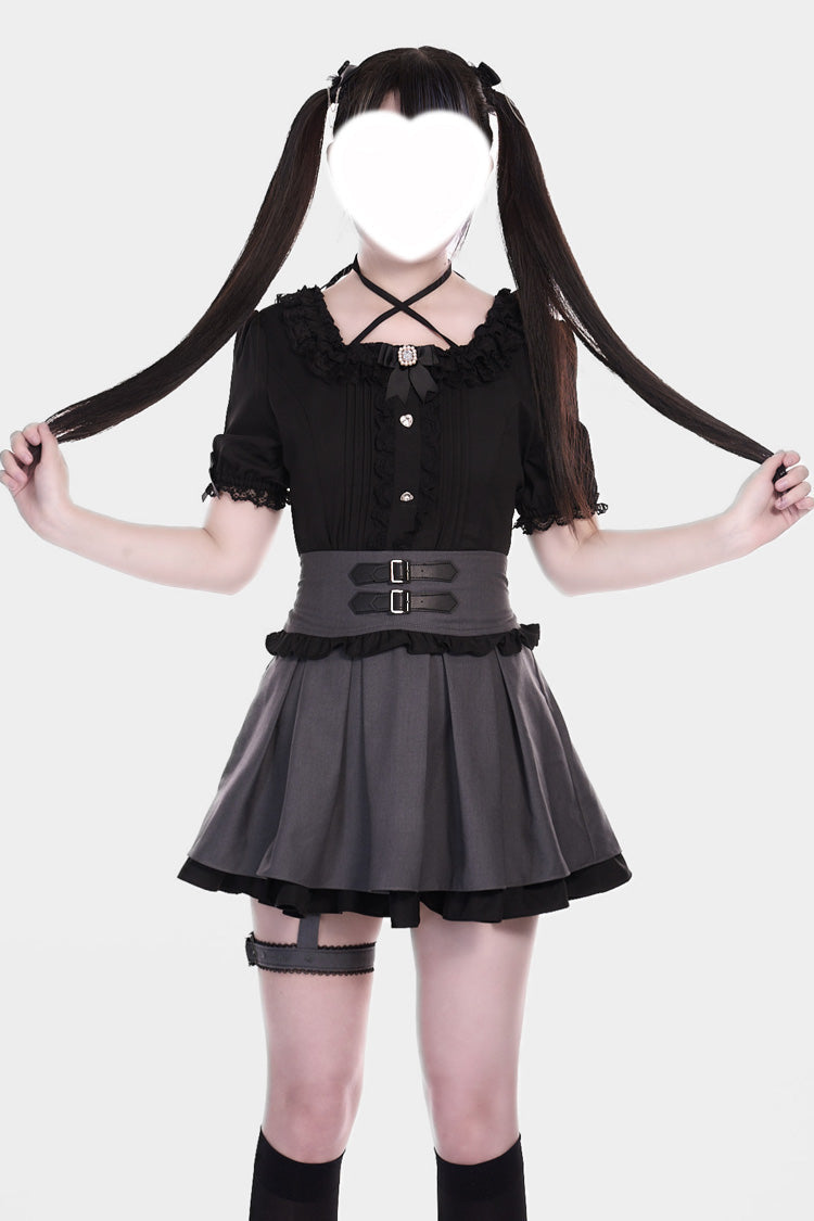 Grey/Black Leather Buckle Leg Ring Double-Layered Ruffle Sweet Jirai Kei Japanese Skirt - Product - 3