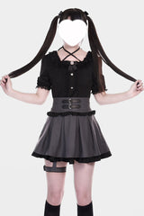Grey/Black Leather Buckle Leg Ring Double-Layered Ruffle Sweet Jirai Kei Japanese Skirt - Product - 3