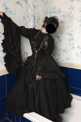 Black [Sleepwalking] Long Hime Sleeves Stitching Lace Plus Size Gothic Elegant Lolita Skirt Set - Product - 12