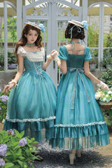 Blue/Green [Water Lily] Square Collar Ruffled Lace-Up Sweet Royal Lolita Dress 2 Versions - Product - 6