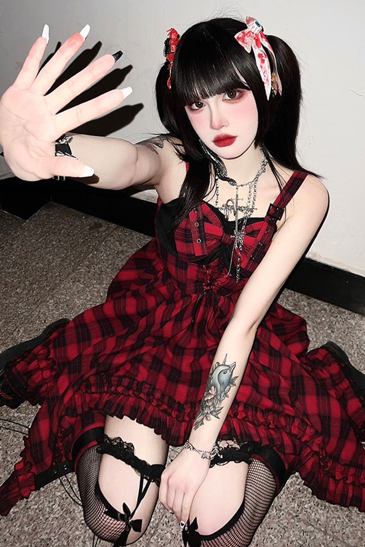 Red Scarlet Abby Style Irregular Plaid Printing Gothic Lolita JSK Dress - Product - 4