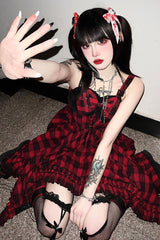 Red Scarlet Abby Style Irregular Plaid Printing Gothic Lolita JSK Dress - Product - 4
