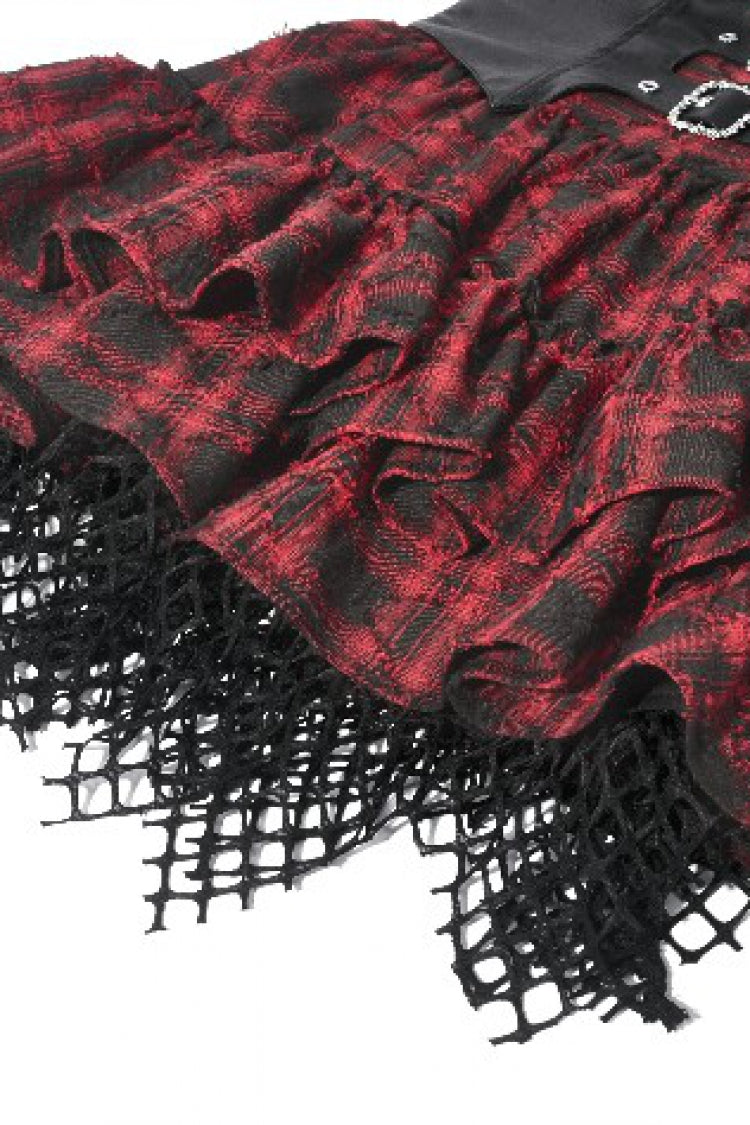 Black/Red Plaid Leather Multi-Layered Ruffled Women's Punk  Sweetcore Slip Dress - Product - 16