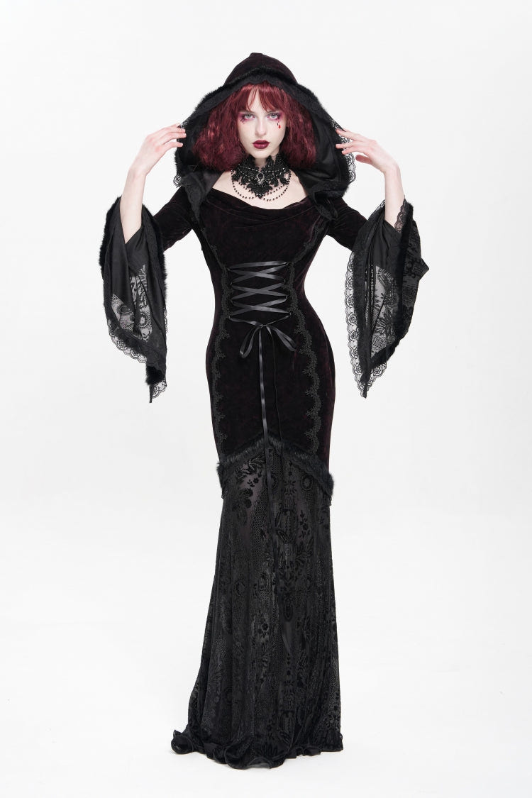 Black/Red Long Trumpet Sleeves Embroidery Stitching Lace Hooded Mesh Women's Gothic Dress - Product - 7
