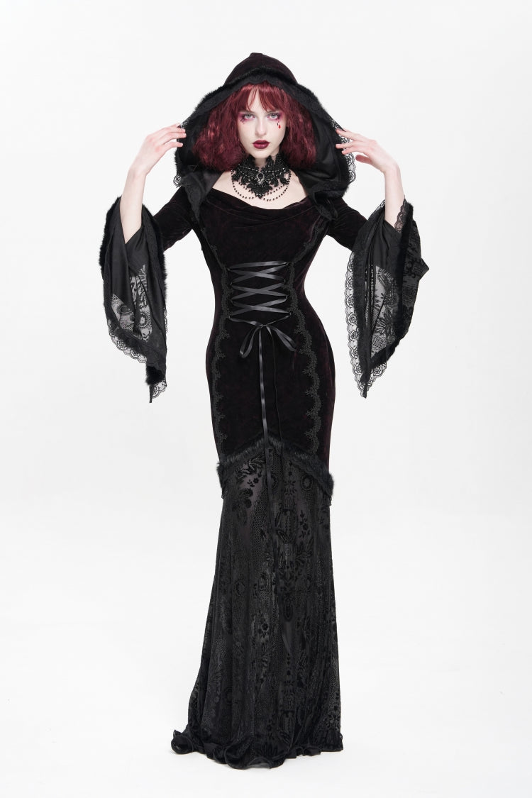 Black/Red Long Trumpet Sleeves Embroidery Stitching Lace Hooded Mesh Women's Gothic Dress - Product - 7