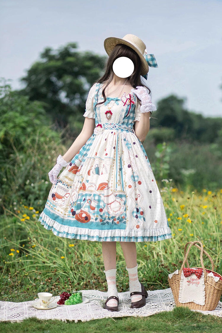 Blue/Green [Tea Party] Short Sleeves Print Ruffle Bowknot Lace Sweet Elegant Lolita Dress - Product - 2
