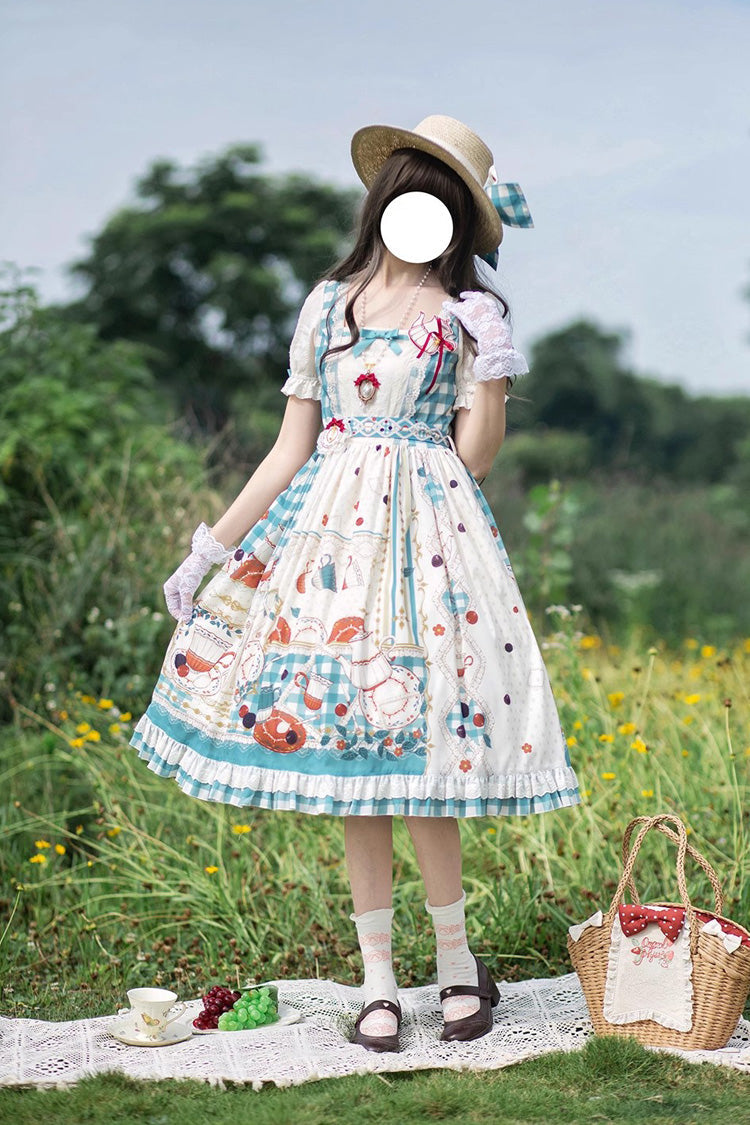 Blue/Green [Tea Party] Short Sleeves Print Ruffle Bowknot Lace Sweet Elegant Lolita Dress - Product - 2
