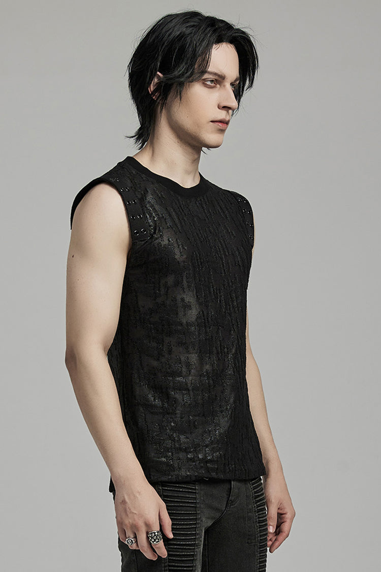 Black Round Collar Sleeveless Print Ripped Distressed Eyelet Men's Gothic Tank Top - Product - 2
