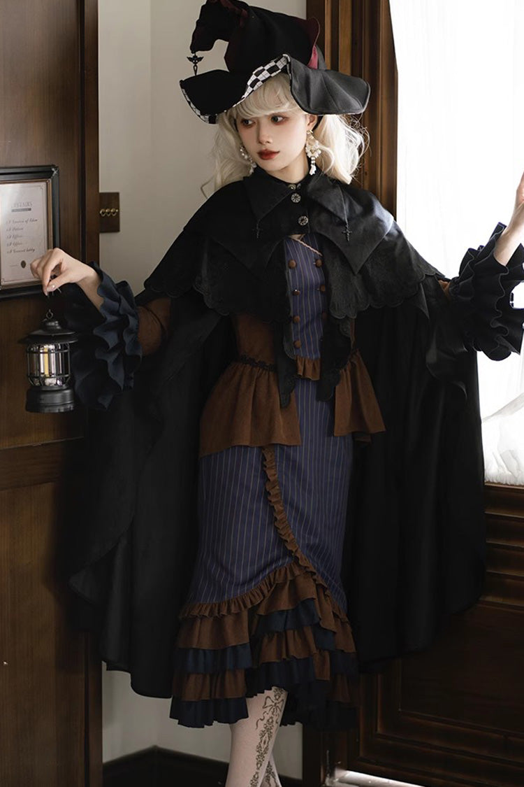 Blue/Brown Time Traveler Long Sleeves Multi-layer Print Ruffle Punk Lolita Mermaid Skirt Set - Product - 3