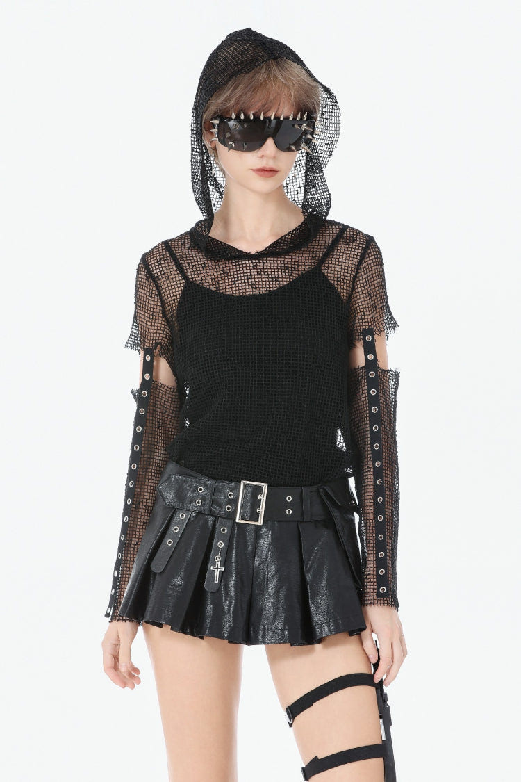Black Low Waisted Eyelet Women's Punk Shorts with Asymmetric Pleated Belt - Black - 1