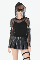 Black Low Waisted Eyelet Women's Punk Shorts with Asymmetric Pleated Belt - Black - 1