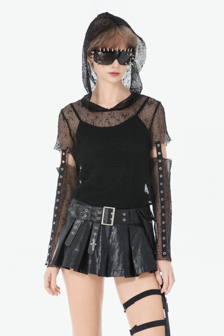 Black Low Waisted Eyelet Women's Punk Shorts with Asymmetric Pleated Belt - Black - 1