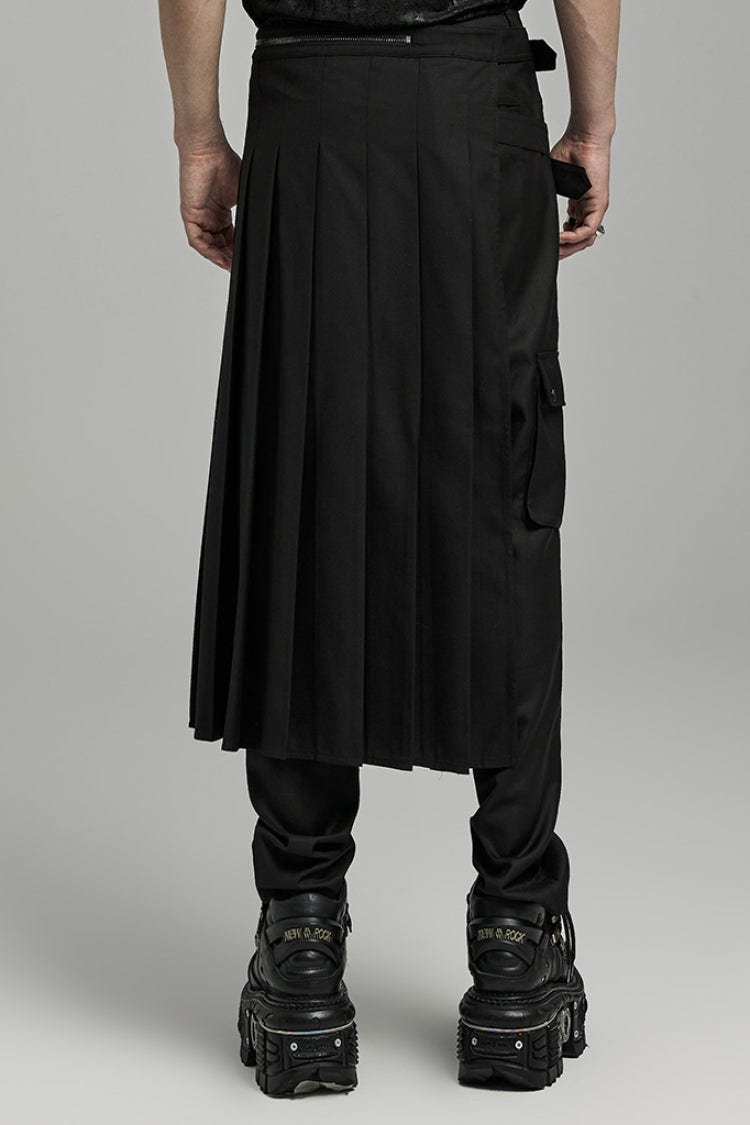 Black Asymmetric Buckle Men's Punk Pleated Skirt - Product - 3