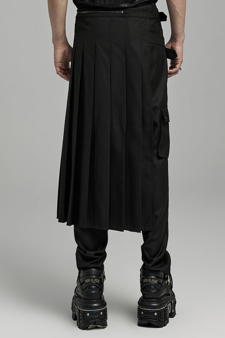 Black Asymmetric Buckle Men's Punk Pleated Skirt - Product - 3
