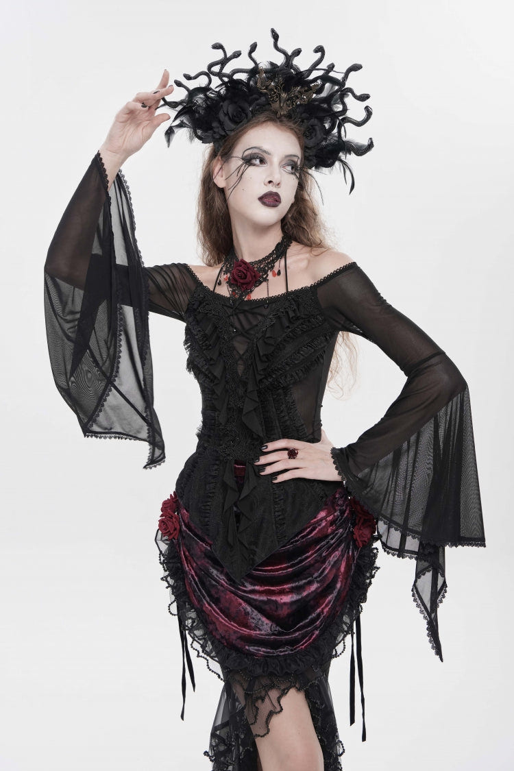 Black Off Shoulder Long Trumpet Sleeves Ruffled Embroidered Lace-Up Women's Gothic Blouse - Product - 3