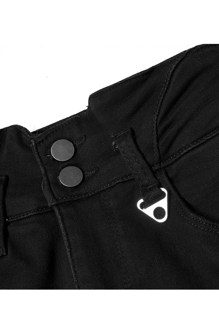 Black Triangular Metal Decorative Sheet Back Crossed Straps Tight Fit Punk Women's Denim Pants - Product - 8