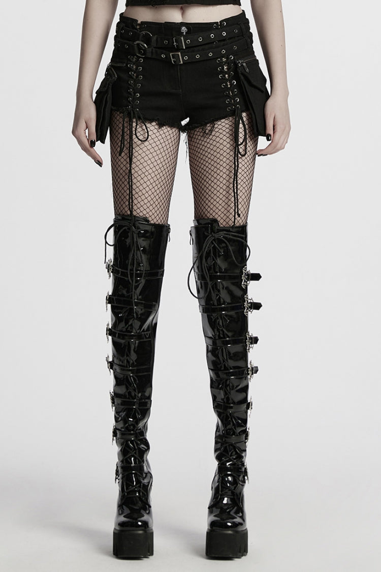 Black Lace-Up Women's Punk Denim Shorts with Detachable Pocket - Black - 1