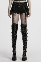 Black Lace-Up Women's Punk Denim Shorts with Detachable Pocket - Black - 1