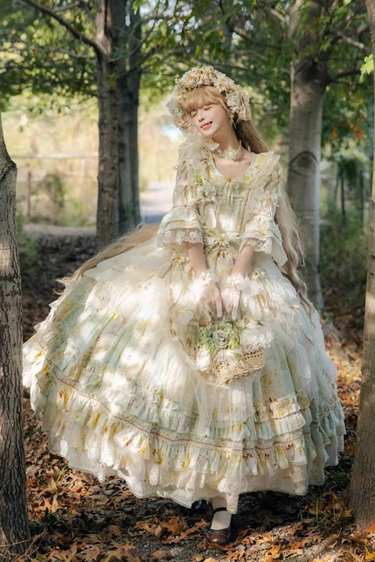Green [Little Daisy] Lapel Collar Half Sleeves Multi-Layered Printed Bow Lace Princess Gorgeous Plus Size Sweet Lolita Dress - Product - 12