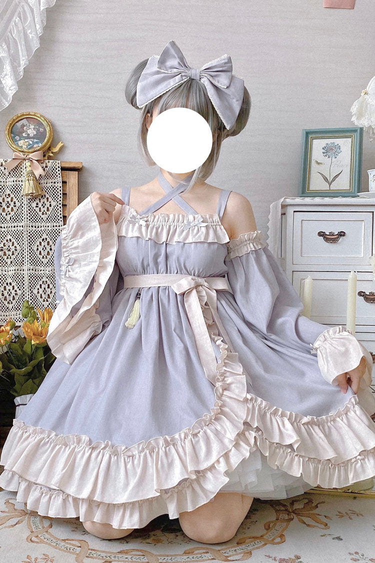 Grey [Monet Estate] Sleeveless High Waisted Ruffle Bowknot Asymmetric Sweet Lolita Jsk Dress - Product - 5