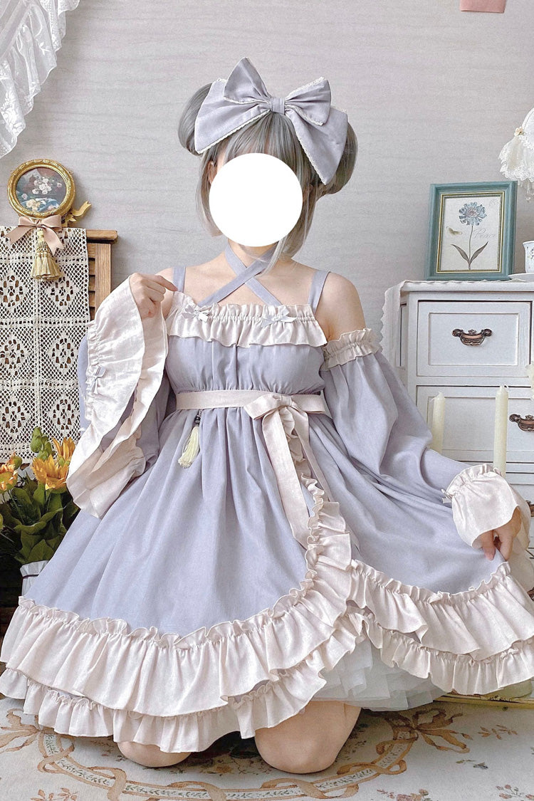 Grey [Monet Estate] Sleeveless High Waisted Ruffle Bowknot Asymmetric Sweet Lolita Jsk Dress - Product - 5