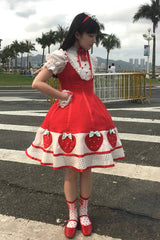 [Miss Peculiar Strawberry] Stand Collar Sleeveless Printed Bow Sweet Lolita Dress 2 Colors (Red, Blue/Black) - Product - 12