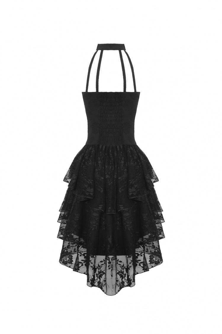 Black Off Shoulder Halterneck Sleeveless Irregular High Low Multi-Layered Lace Women's Gothic Dress - Product - 13